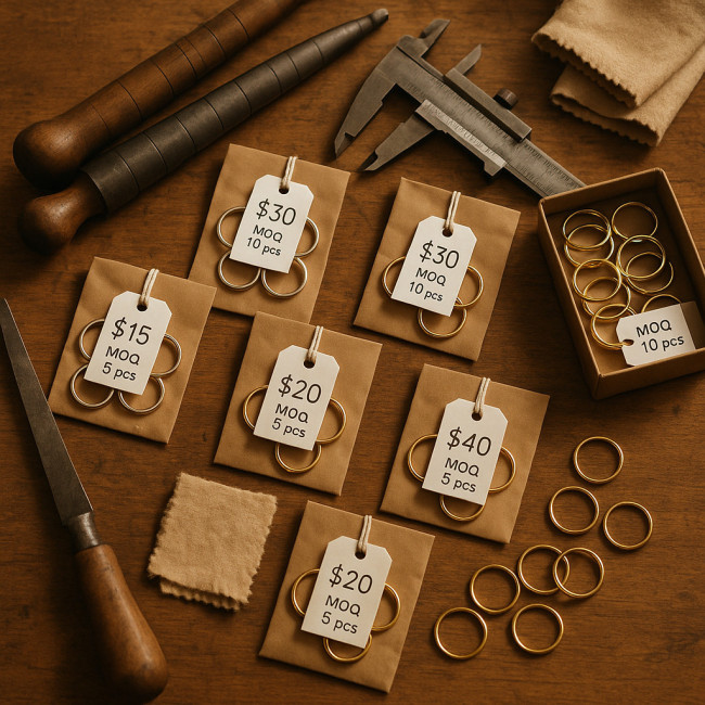 Jeweller bench displaying organised wholesale packs and tools