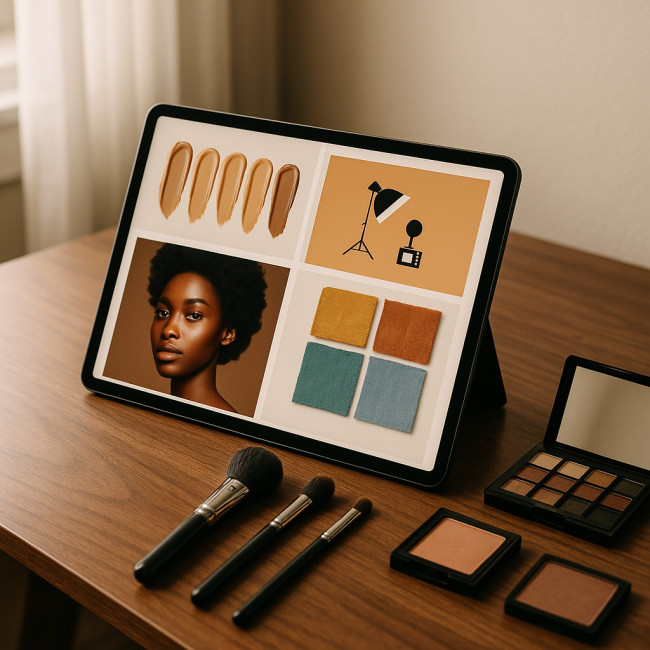 Photographer and makeup artist co-editing a digital moodboard