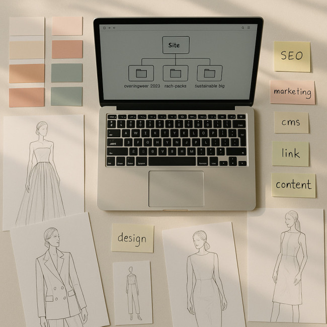 Workspace scene illustrating keyword hierarchy planning for a fashion portfolio site