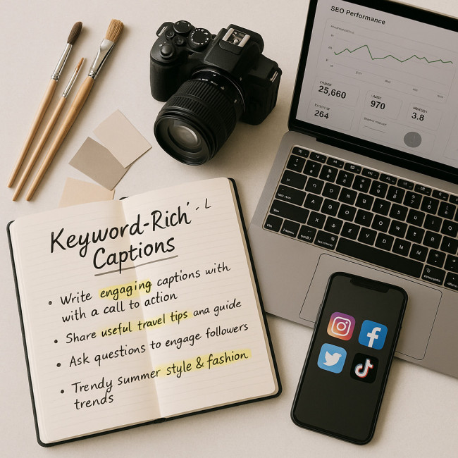flat lay of notebook with keyword-rich caption notes