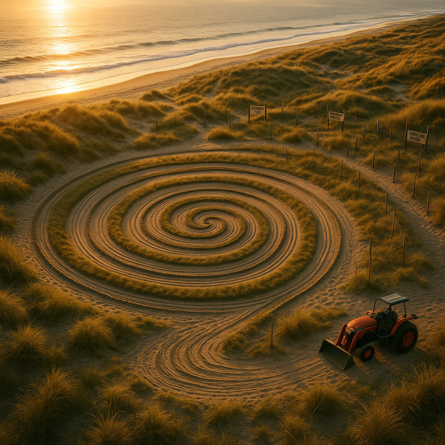Aerial view of eco-conscious land art on coastal dunes