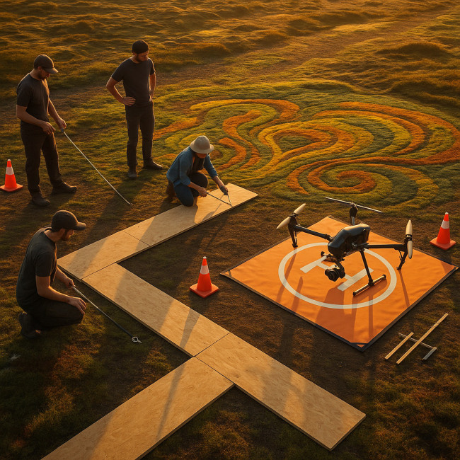 Artist team prepares land art site for drone take-off