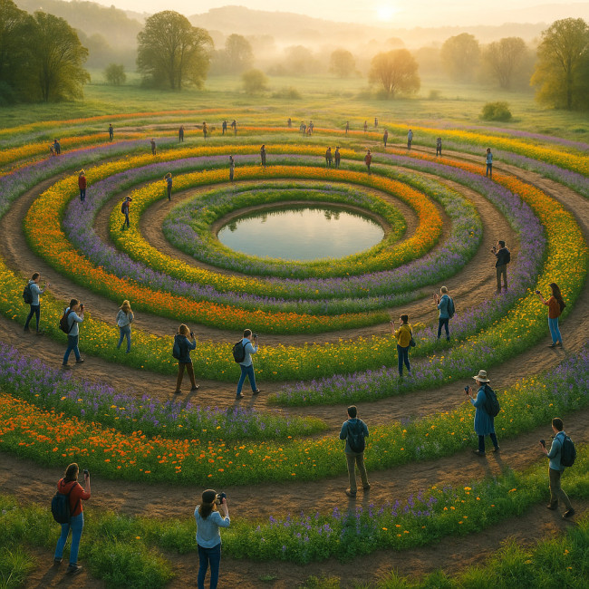 Aerial view of a land art festival installation at sunrise