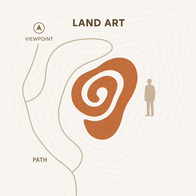 Illustrated land art site map conveying scale and context