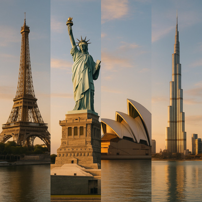 Panoramic collage of iconic landmarks at golden hour for licensing illustration