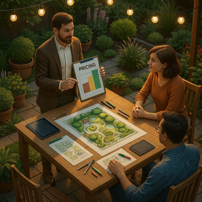 Landscape architect discussing pricing strategy with clients