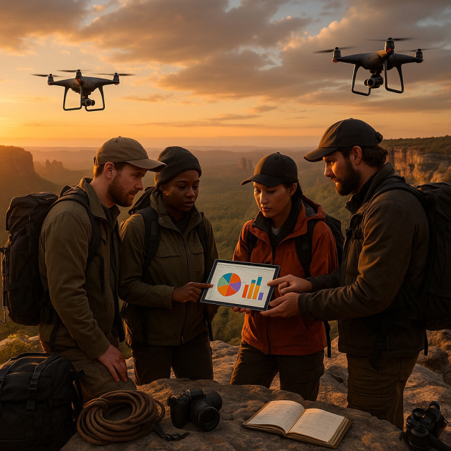 Crew on cliff reviewing budget charts on tablet during sunset