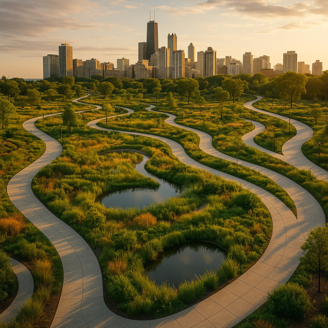 Drone view of sustainable urban park landscape design