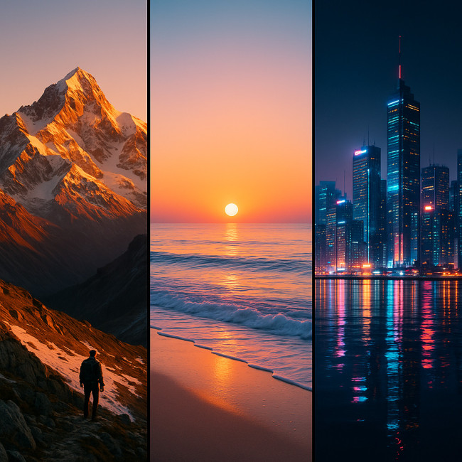Collage of mountain coastal and urban landscapes