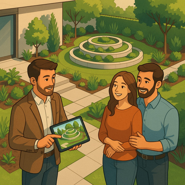 Illustration of landscape architect presenting proposal on a tablet