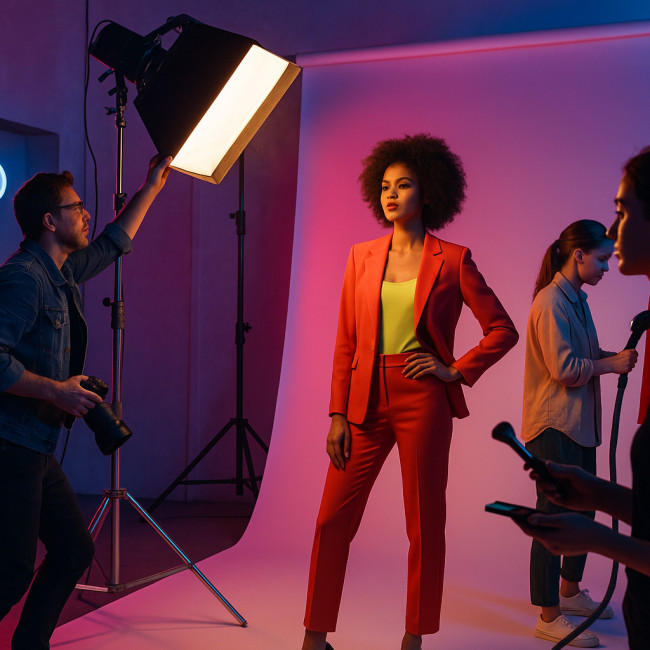 behind-the-scenes fashion shoot with model and crew