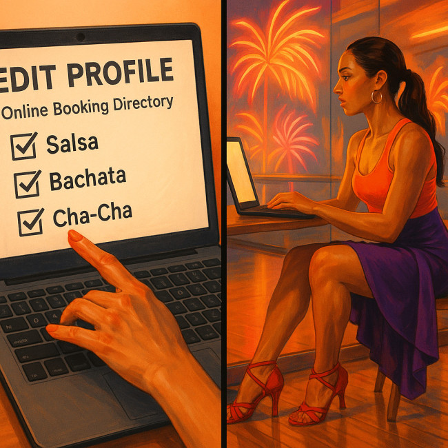 Latin dancer updating booking profile with multiple style tags