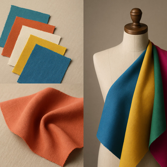 Layered fabric swatches displayed flat, folded and draped
