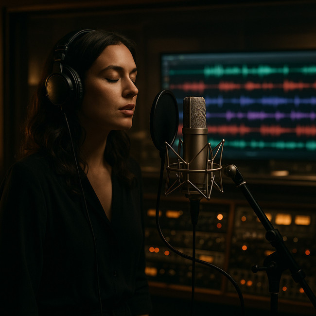 Singer recording layered vocal stems in studio