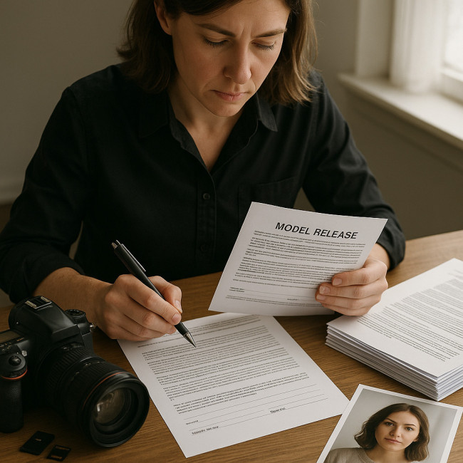 Photographer checking model releases at desk