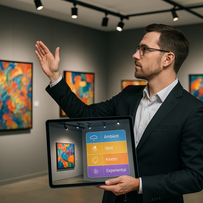Lighting consultant reviewing layered plan on tablet