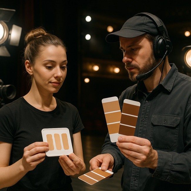 makeup artist and lighting tech testing color swatches on stage