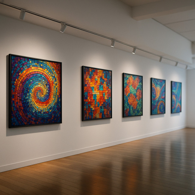 Limited edition mosaic prints displayed in a contemporary gallery setting