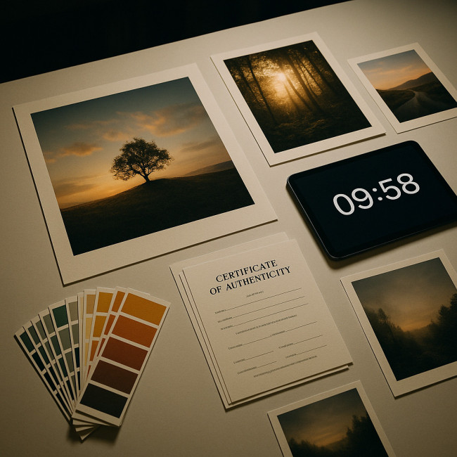 Studio desk with artist proofs, countdown tablet and teaser photos