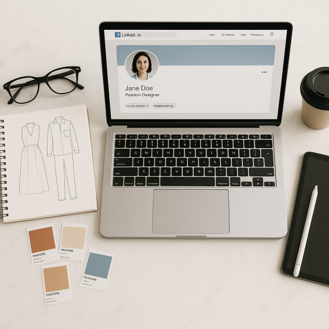LinkedIn profile on laptop among designer tools
