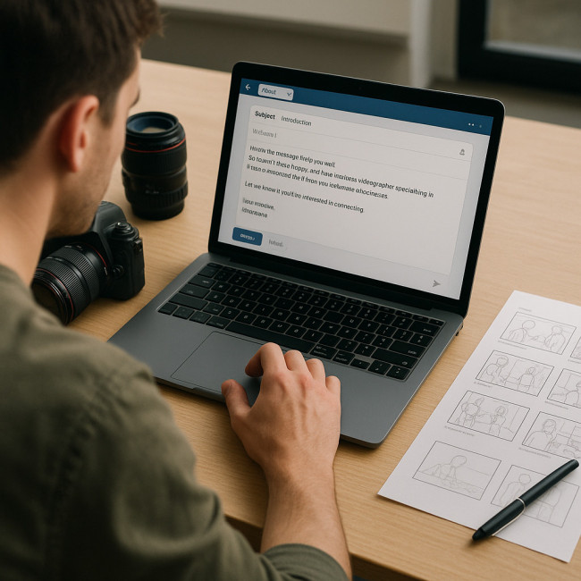 Videographer composing LinkedIn outreach message
