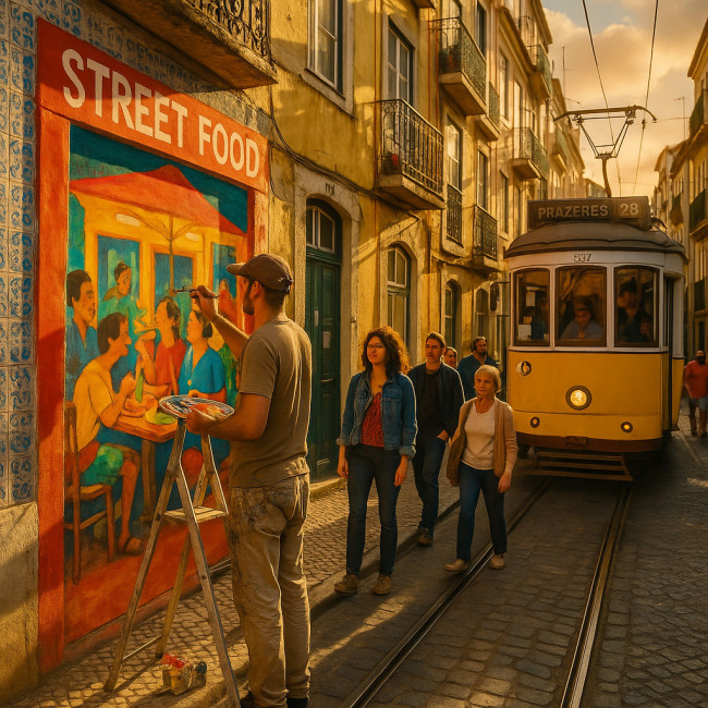 Lisbon muralist painting street-food façade