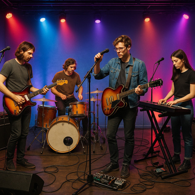 Band on stage with streamlined gear