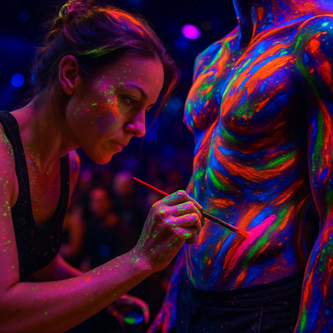 live body-painting artist at work on stage
