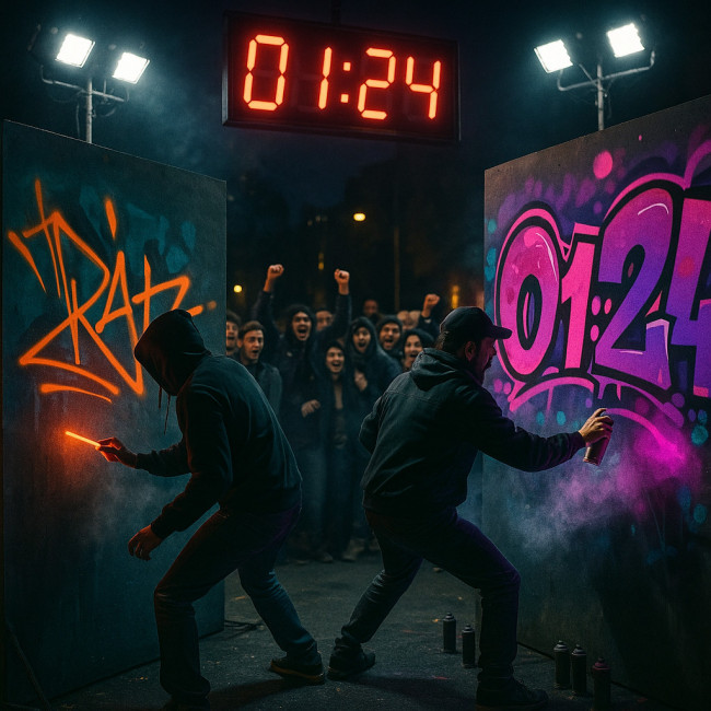 artists competing in a live mural challenge before an urban crowd