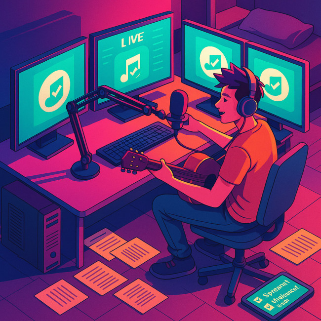 Musician livestreaming while verifying cover song licences