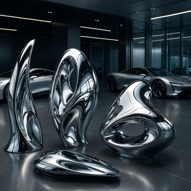 Models painted as living chrome alloys at luxury car launch