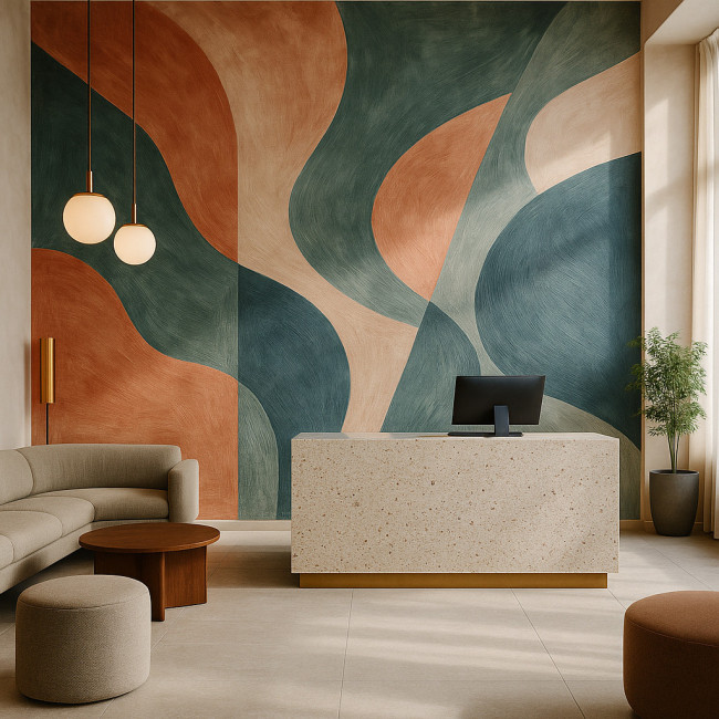 Contemporary lobby interior with a geometric terracotta, sage and slate mural
