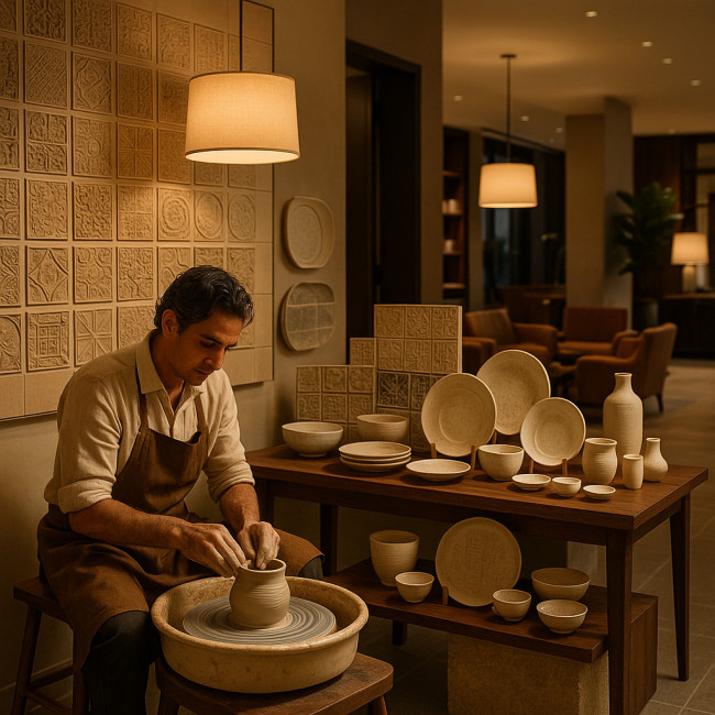 Ceramist demonstrating pottery in a stylish hotel lobby