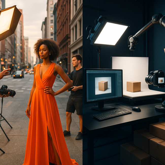 Illustration contrasting local and remote photography setups