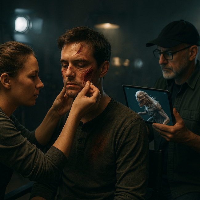 Makeup artist and VFX supervisor aligning prosthetics on set