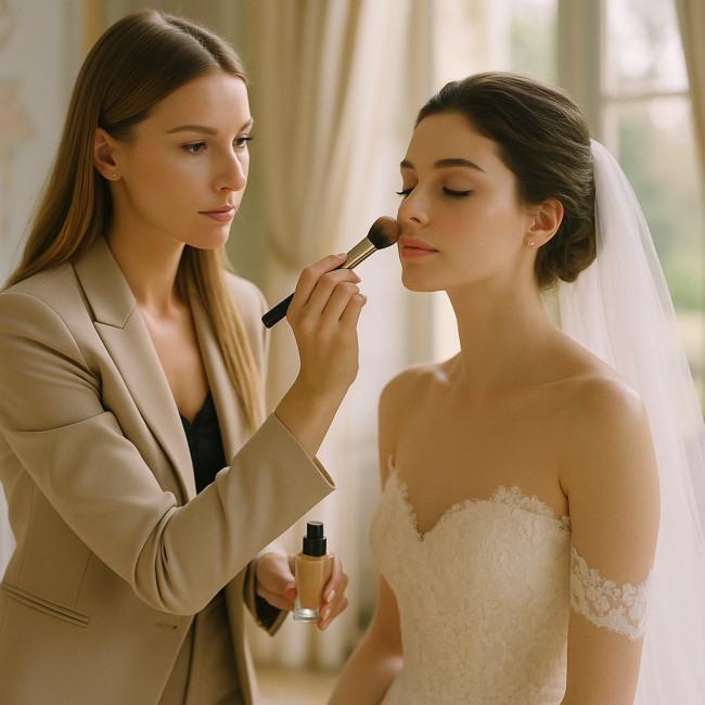 high-end makeup artist applying bridal foundation