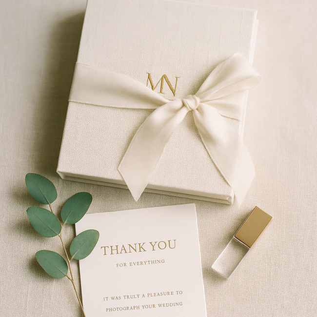 Flat lay of luxury wedding photo packaging with linen box and gold details
