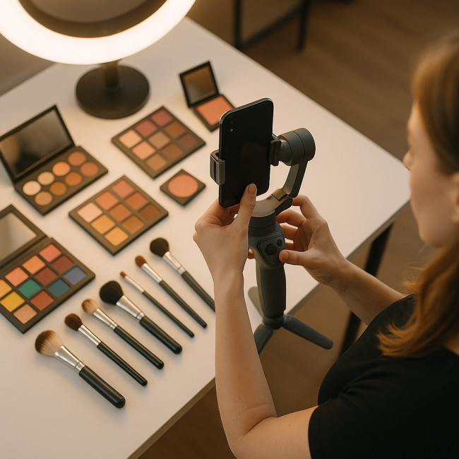 makeup artist filming a behind-the-scenes reel