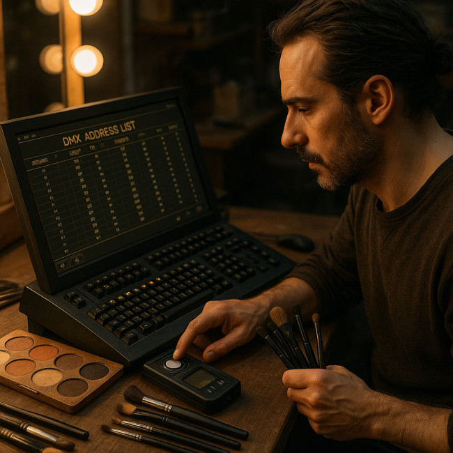 maquilleur checking DMX console with makeup tools