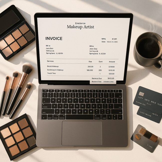 makeup artist invoice template displayed on laptop amid cosmetics
