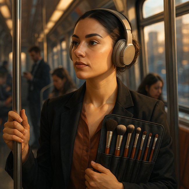 makeup artist on subway listening to a business podcast