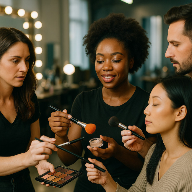 makeup artists exchanging techniques in studio