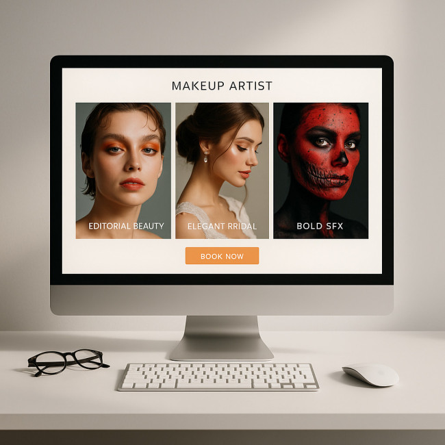 Mockup of makeup portfolio hero trio on desktop