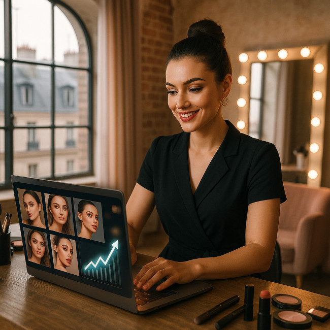 Makeup artist checking portfolio analytics dashboard