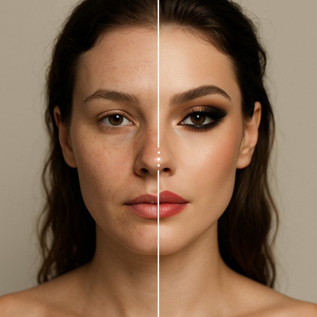 Before and after makeup transformation split-screen