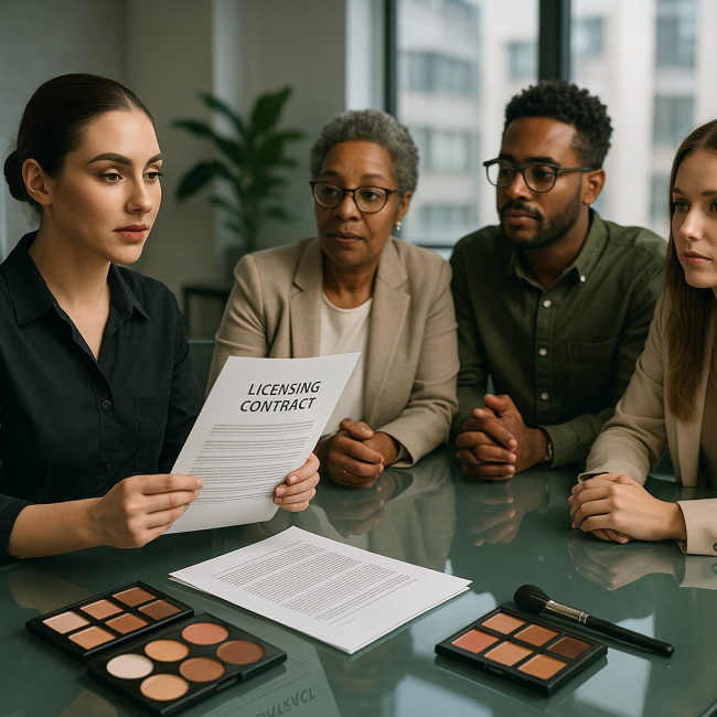 Makeup artist negotiating usage rights with brand team