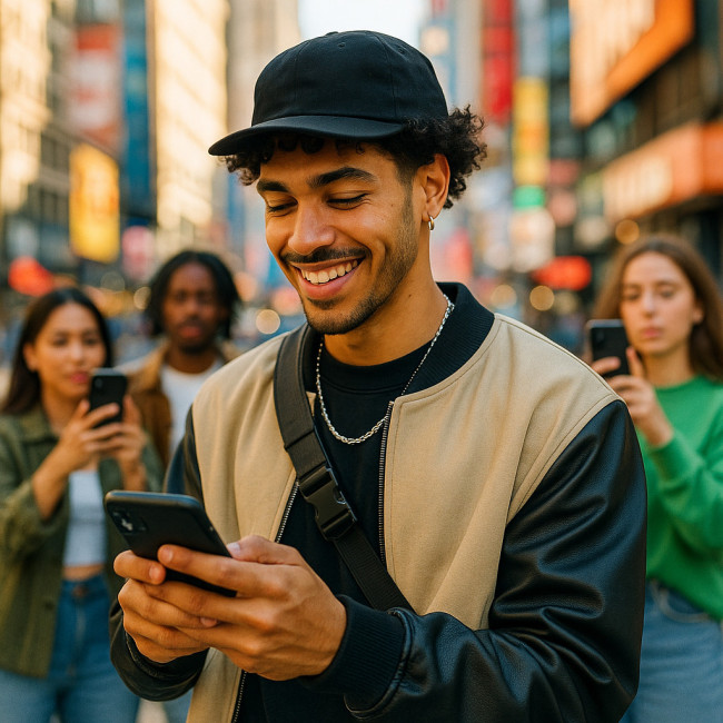 Male micro influencer model engaging audience in urban setting