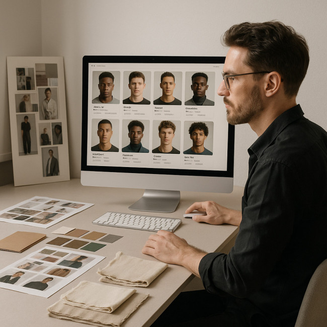 recruiter reviewing male model profiles on screen