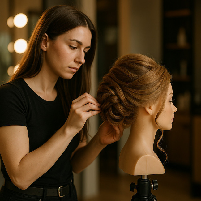Stylist practising updo on mannequin head