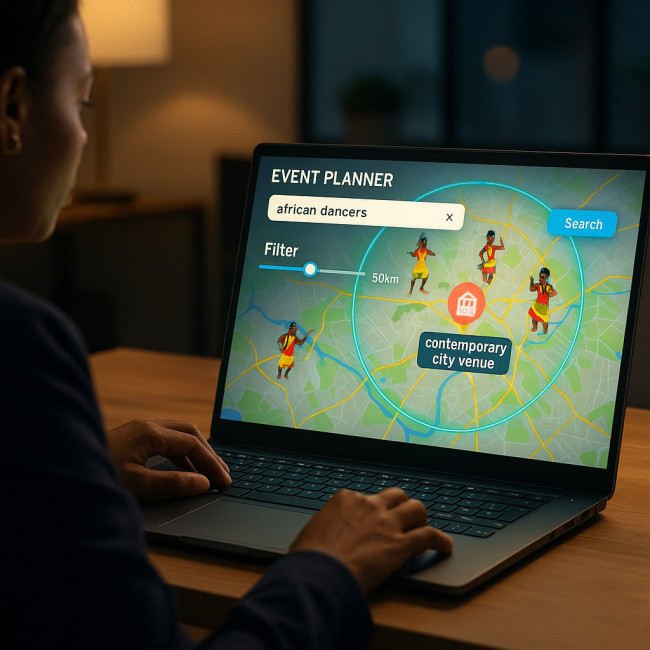 Planner searching for nearby African dancers on a digital map